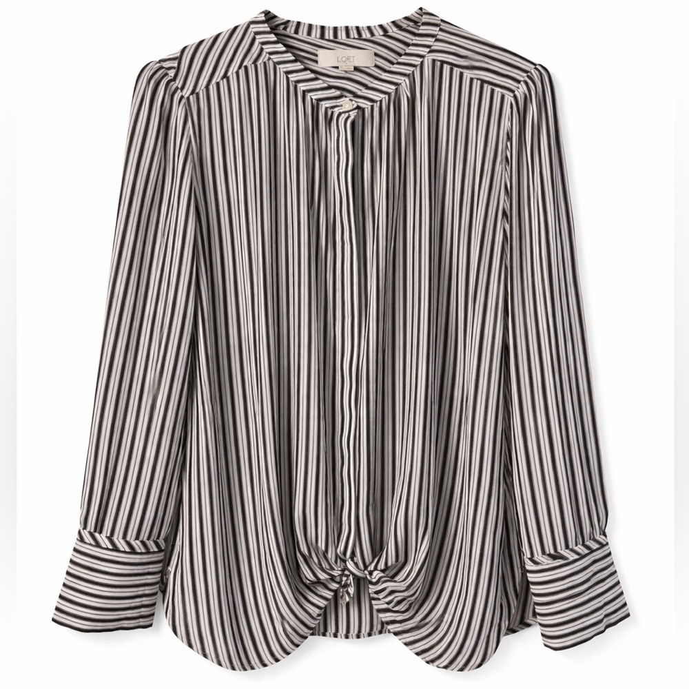 LOFT Black White Striped Hidden Button Tie Front Blouse Top Women’s size XL